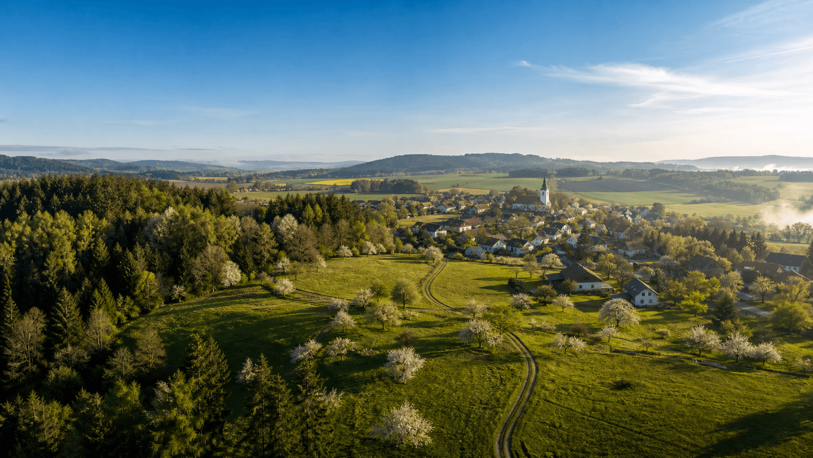 Ostrá jarní česká krajina s vesnicí, loukami a modrou oblohou